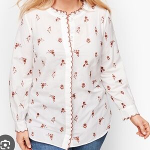 Talbots Floral Scallop Trim Brown Embroidered White Blouse 1X Chest 23"